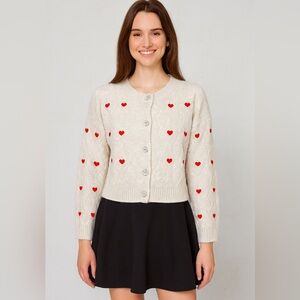 Jessica Simpson Embroidered Red Hearts Rhinestone Button Knit Cardigan Size Med